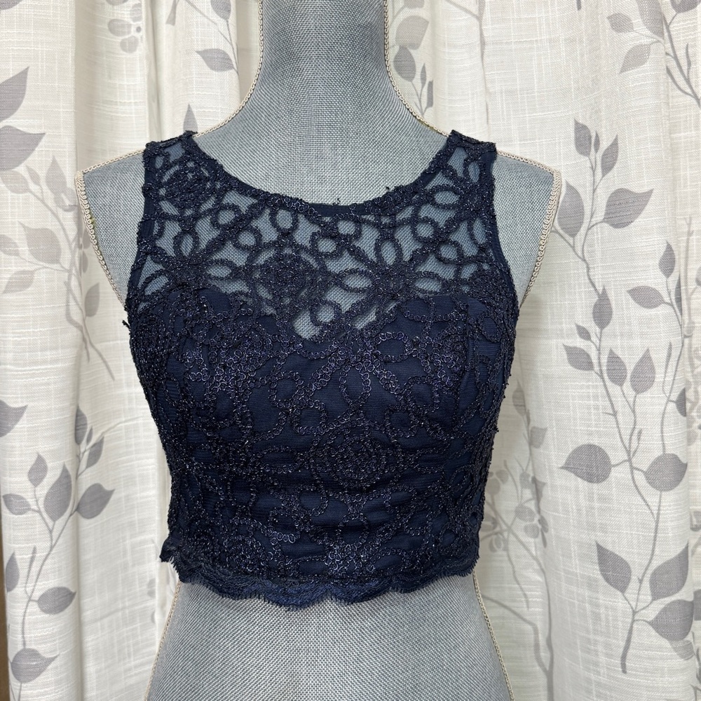 Navy Blue Floral Lace Crop Top Sz 5 Romantic Whimsigoth Coquette Glitter Fairy